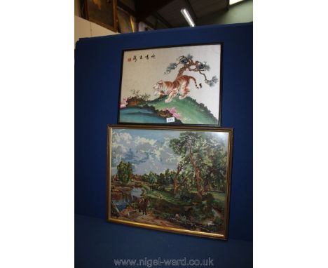 A Chinese silk work picture of a Tiger and a tapestry picture of a canal and horse, etc.