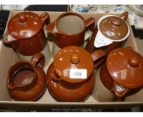 Three brown glazed Denby coffee pots, a Royal Worcester coffee pot and two Langley jugs.