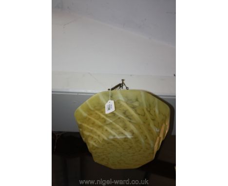 An early 20th c. glass octagonal central ceiling light-bulb Shade in mottled yellow, marble effect, 14" diameter.