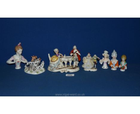 A quantity of pin cushion Dolls and ornaments including small figure of two Dalmations bringing down a wild board (a/f), etc.