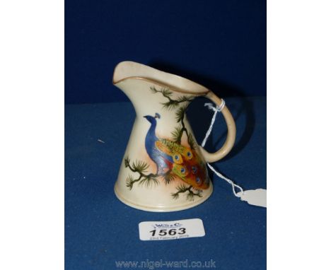 A small Worcester, Locke &amp; Co jug with Peacock design, signed C. Morris. 3 1/2" tall