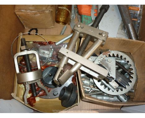 A box of various specialised motorcycle Tools including; 'Yamaha' valve seat reamer, a cased 'Kukko' gear puller and others, 