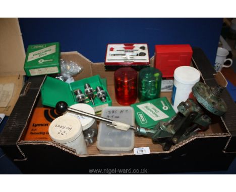 A good quantity of assorted re-loading dies, re-loading press, small chuck and tools, re-loading tool and a portable vice