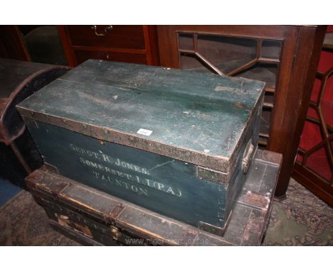 A dark green painted Pine military Trunk, stencilled 'Sergent R Jones, Somerset Light Infantry, Prince Albert's, Taunton'. Me