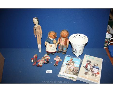 A pair of Steiff Micki &amp; Mecki figures, and quantity of black &amp; white/colour Postcards, cream ground Boote Potteries 