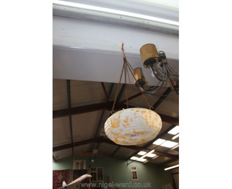 A 1920's/30's glass mottled hanging light Shade in a ribbed design with suspension chain.