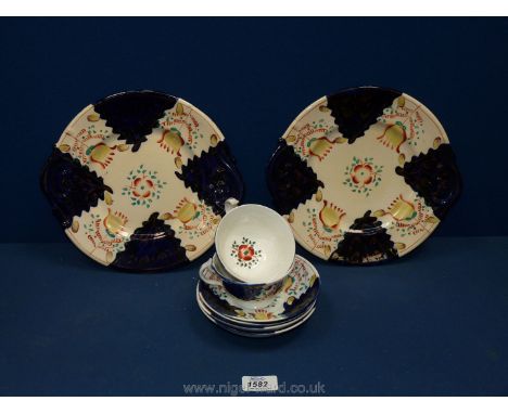 A quantity of Gaudy Welsh china including two medium plates, four saucers and two cups.