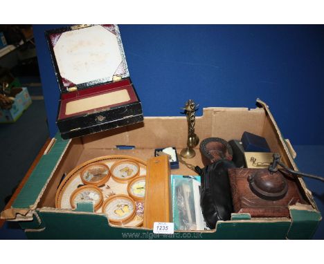 A quantity of miscellanea to include; a butterfly decorated tray and  coasters, an old writing case, three old cameras, a car