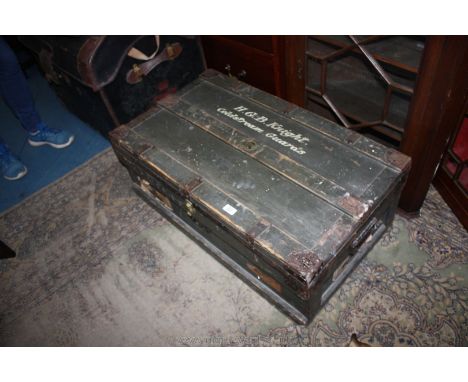 A vintage military Coldstream Guards Chest, stencilled 'H.G.B. Knight'; GWR labels, brass label engraved 'The Marshall improv