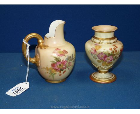 A Royal Worcester jug and vase in blush with floral decoration; jug 4 1/2", vase 4" with hairline crack.