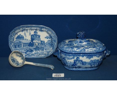 An early 19th c. blue and white sauce tureen, stand and ladle decorated with the ' Remains of an Ancient Building near Firoz 