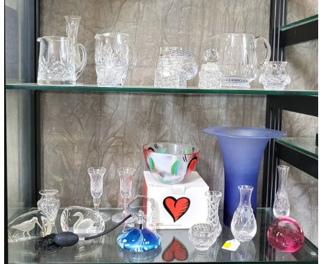 Kosta Boda 'Hearts' bowl by Ulrica Hydman-Vallien in box, J. Ditchfield iridescent perfume bottle, glass tableware and paperw