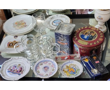 Commemorative royalty porcelain and glasses a 1977 Jubilee unopened 8oz tea-tin and a 1981 marriage of Prince of Wales and La