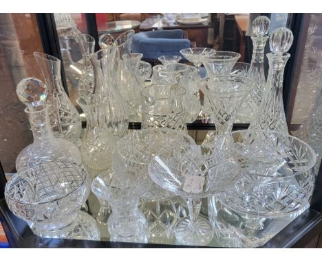 Cut glass carafe, two decanters jug and bowls. (12)