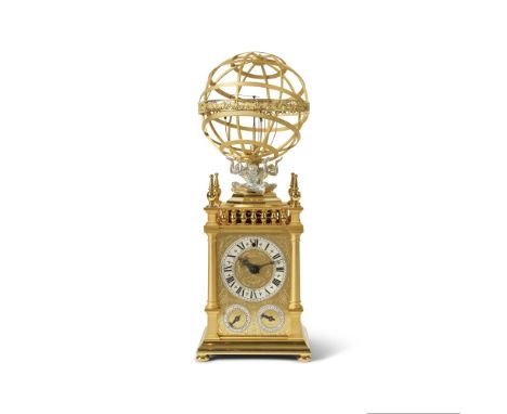 Christiaan van der Klaauw. A very fine and rare handmade key wind gold plated brass and silver clock with sphere on top demon