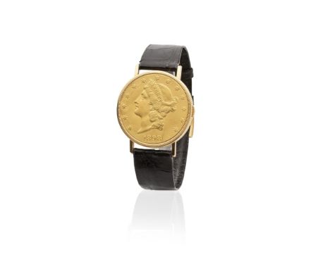 Vacheron Constantin. A very fine and rare 18K gold manual wind concealed 20 dollars coin wristwatch with skeleton dialVachero