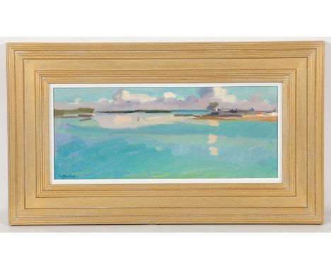 * ALEXANDER GOUDIE RP RGI (SCOTTISH 1933 - 2004),
DAWN, LOCTUDY 
oil on canvas, signed 
23.5cm x 54cm (9.25  x 21.25 inches) 