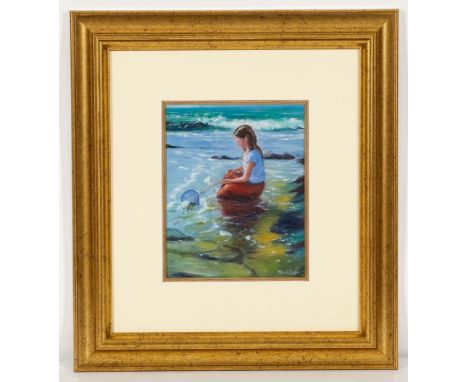 * MARJORIE WILSON,
PLAYING IN THE ROCKPOOLS
oil on board, signed
24cm x 19cm
Mounted, framed and under glass
