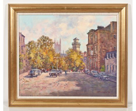 * J.D. HENDERSON (SCOTTISH, 20TH CENTURY),
PARK CIRCUS 
oil on canvas, signed 
51cm x 61cm
Framed 
Label verso: T. & R. Annan