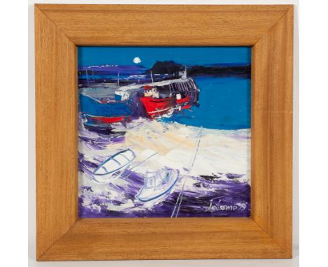 * JOHN LOWRIE MORRISON OBE (JOLOMO),
MOON LIGHT AND LOW TIDE, TOBERMORY, ISLE OF MULL
oil on canvas, signed, further signed, 