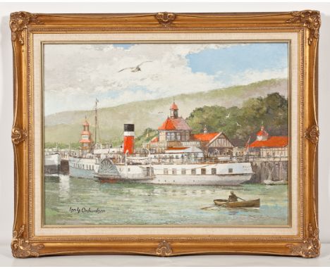 * IAN G. ORCHARDSON (SCOTTISH 1927 - 1997),
DUNOON PIER 
oil on canvas board, signed
46cm x 61cm
Framed
Label verso: T. & R. 