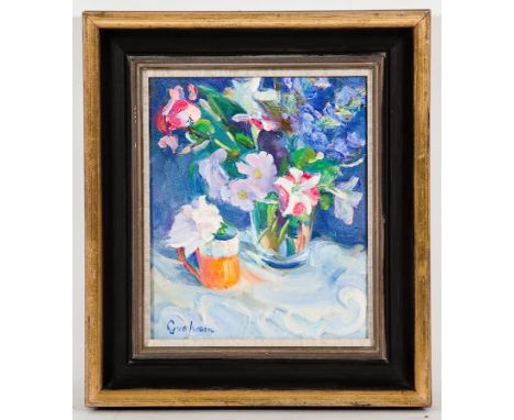 * JOSEPHINE GRAHAM,
STILL LIFE WITH PETUNIAS
oil on canvas, signed
24cm x 20cm
Framed
Provenance: Duncalfe Galleries Harrogat