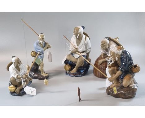 Group of five Chinese earthenware 'Mud men', one with Shiwan artistic ceramic factory label. All appearing to be engaged in f