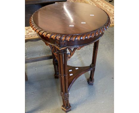 Mahogany Chinese Chippendale style occasional/lamp table standing on cluster column legs and square feet with glass top.  Dia