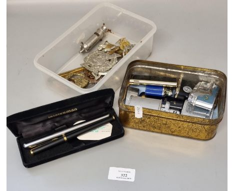 Collection of assorted vintage cigarette lighters, two fountain pens, small collection of Scottish and pother military cap ba