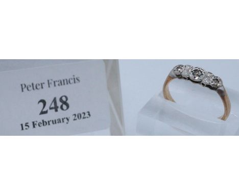 9ct gold three stone Art Deco style illusion set engagement ring. Size 11 + 1/2?(B.P. 21% + VAT) 