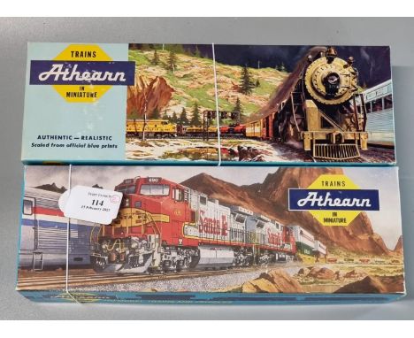 Two HO Athearn trains in miniature, both in original boxes, to include: Burlington Northern GE powered diesel and GP38-2 PWR 