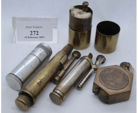 A collection of vintage cigarette lighters, various including; coin set, brass, aluminium Happy New Year in Germany 1946, alu