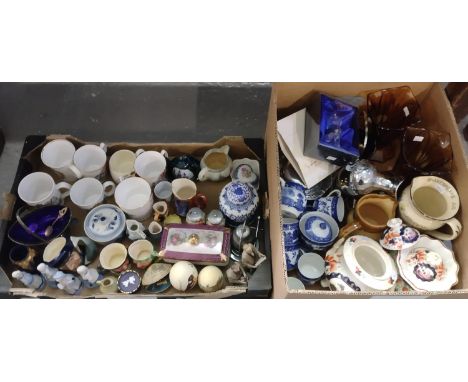 Three boxes of mostly china to include: blue and white Adderley ware 'Old Willow' teaware, Royal Doulton 'Falstaff' jug, Imar