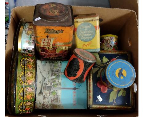 Box of vintage tins and boxes to include: an oval lacquered and painted box, biscuit tins, Riley's rum and butter toffee tin,