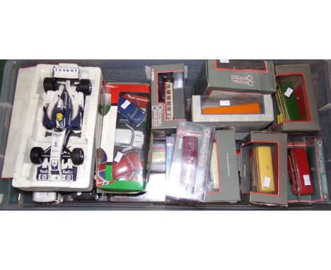 Box of assorted model diecast vehicles in original boxes, mainly original Omnibus, Formula 1 racing car, The Italian Job thre