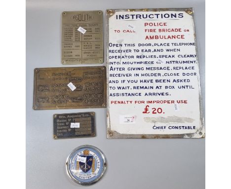 Vintage enamelled sign, from a telephone box, 'Instructions to call Police, Fire Brigade or Ambulance'.  Together with a pape