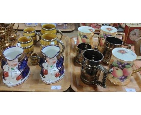 Two trays of ceramic jugs and mugs to include: barrel-shaped Wade in various sizes, two Allertons character jugs, three Chels