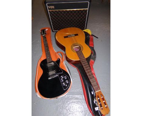 1970s Avon Rose Morris Japan black electric guitar in soft case, a Sevilla BM six string acoustic guitar in soft case and a V