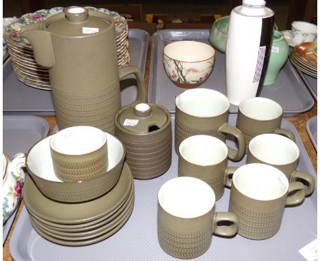 Vintage Denby coffee set in brown ceramic: coffee pot, five coffee cups and six saucers, milk jug, sucriere, sugar bowl and s