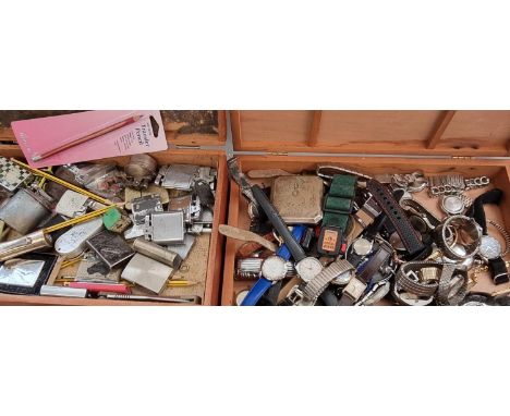 Two wooden boxes of assorted items, to include: a large collection of modern and some vintage watches, to include: Allura, Gi