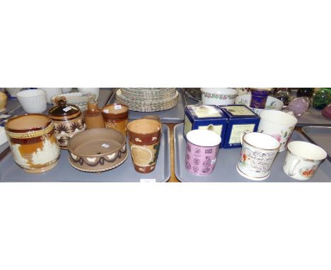 Two trays of assorted china: selection of 19th and early 20th century Doulton stoneware and Silicon ware ceramics, much with 