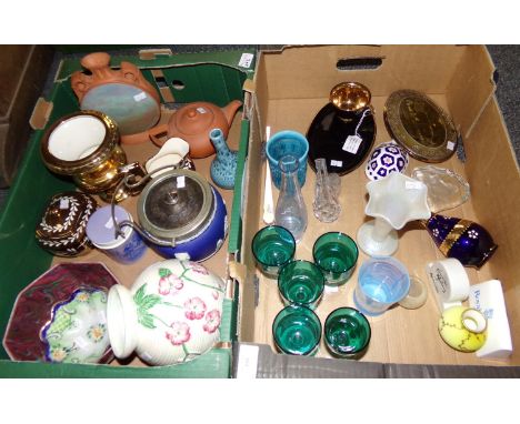 Two boxes of assorted items: five green glass sherry glasses with clear glass stems, Lancastrian pottery vase, Swedish Kosta 