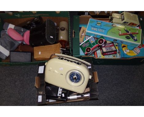 Three boxes of items: vintage games -  Junior Scrabble, dominoes, etc. vintage Bush radio, Standard Interstate AM/FM radio, g