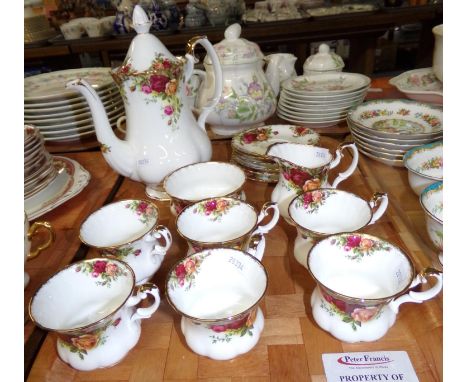 Tray of Royal Albert 'Old Country Roses' coffee ware: six coffee cups and saucers, coffee pot, sugar basin and milk jug. (B.P