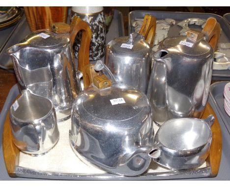 Tray of vintage Picquot Ware: teapot, two coffee pots, water jug, milk jug and sugar basin on a beige and white melamine tray