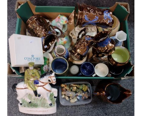 Box of assorted china to include: copper lustre dresser jugs, Lord Kitchener Staffordshire flatback figure, Coalport commemor