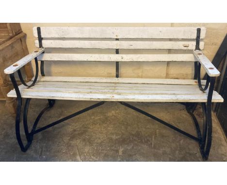 Vintage painted slatted garden bench with cast iron frame. (B.P. 21% + VAT) Structurally sound, weathered condition, some rus