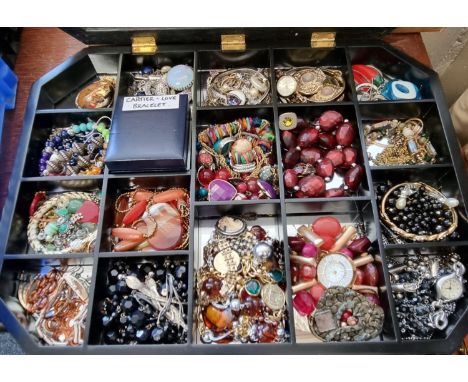 Collection of vintage and other jewellery in mirrored jewellery display case: cameo, watches, bracelets, bangles etc.  (B.P. 