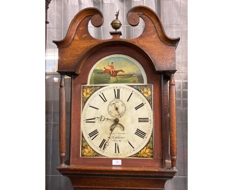 19th century Welsh oak 30 hour long case clock, the painted face with equestrian scene marked 'William Davis, Swansea'. (B.P.