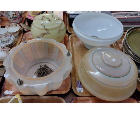 Two trays of 20th Century glass ceiling light shades, to include: moulded glass in various colours.  (4)  (B.P. 21% + VAT) 